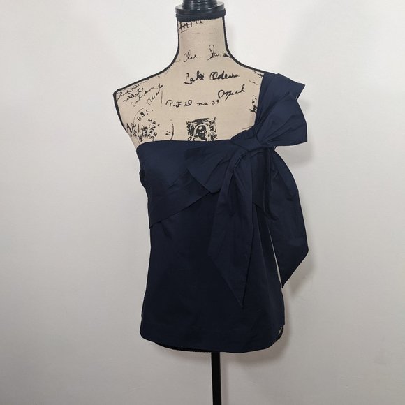 NWT J Crew Women One-shoulder Bow Top Blouse Size 2 Navy Blue G7721 - Picture 1 of 12